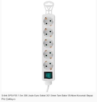 S-link SPG-F05 1.5m 306 Joule Euro Soket 3G1.0mm Tam Bakır 5li Akım Korumalı Beyaz Priz Çoklayıcı resmi