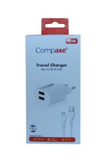 Compaxe CTA-521DMU 5v 2.1a 10W 2USB 1Mt Usb 3.0 Ev şarj+ Mikro Şarj Kablosu  resmi