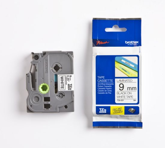 Brother TZE-221 9 mm Beyaz Üzeri Siyah Laminasyonlu Etiket resmi