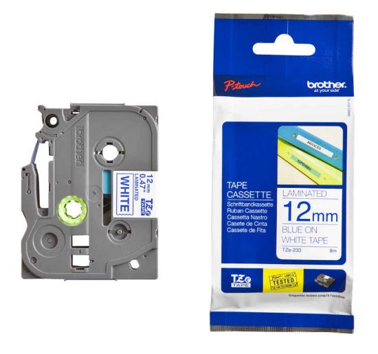 Brother TZE-233 12 mm Beyaz Üzeri Mavi Laminasyonlu Etiket resmi