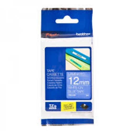 Brother TZE-535 12 mm Mavi Üzeri Beyaz Laminasyonlu Etiket resmi