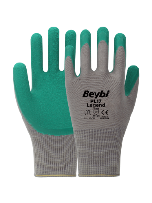 BEYBİ PL17 9 Beden Gri/Yeşil 12li Paket Legend Polyester Örme Lateks Eldiven  resmi