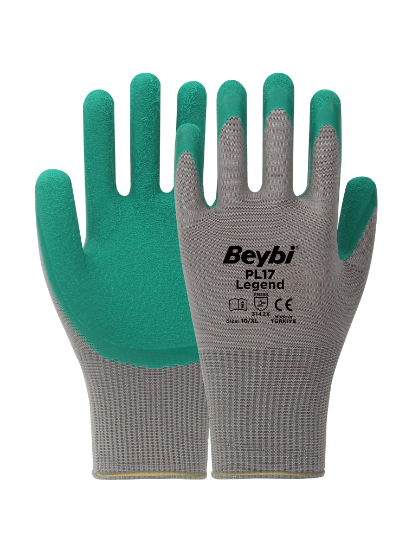 BEYBİ PL17 9 Beden Gri/Yeşil 12li Paket Legend Polyester Örme Lateks Eldiven  resmi