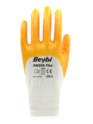 Beybi Pamuk Nitril PMK KN350 Flex 10 Beden Eldiven 12li Paket Beyaz Sarı EN388 (2111X) resmi