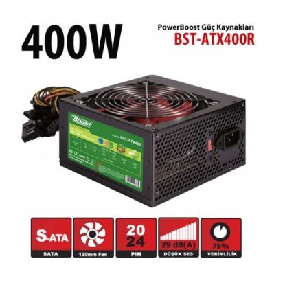 PowerBoost BST-ATX400R 400w, PPFC 12cm Siyah Fanlı ATX PSU Power kablo (Retail Box) resmi