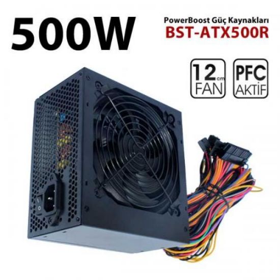 PowerBoost PB500AR 500W APFC 2*PCI-E 6+2 Pin 12cm Siyah Fanlı ATX Power Supply  resmi