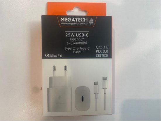 Megatech Mt-25w QC:3.0 PD:3.0 Ev Şarj Kafa+ Type-C To Type-C Şarj Kafası Hızlı Şarj   resmi