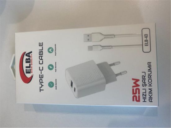 ELBA ELB43 25W 2li USB Başlık TYPE-C Kablolu Set Hızlı Şarj Akım Koruma resmi