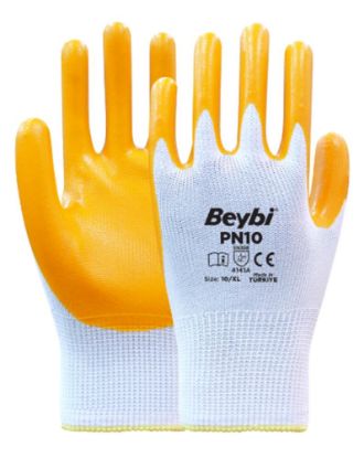 Beybi Nitril PMK PN10 10 Beden 12li Paket Polyester Örme Nitril Eldiven (4141A) Nitril 1/2 Kaplama resmi