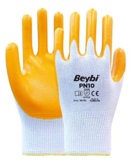Beybi Nitril PMK PN10 10 Beden 12li Paket Polyester Örme Nitril Eldiven (4141A) Nitril 1/2 Kaplama resmi