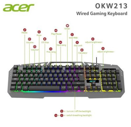 Acer OKW213 Gri RGB Rainbow Backlit Gaming Keyboard Rainbow (Kablo Uzunluğu 1,5mt) resmi