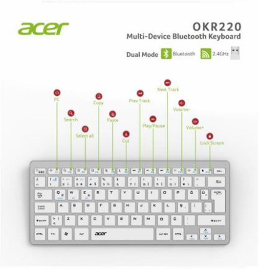 Acer OKR220 Beyaz MultiDevice Dual Mode 2.4GHZ Bluetooth Klavye (Smart Tv)(Android) resmi