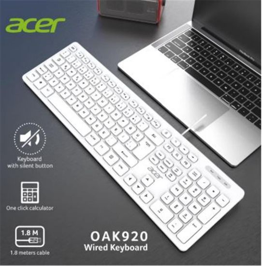 Acer OAK920 Q Usb Beyaz 1.8mt Kablolu Klavye/Tek Tuş Hesap Makinalı (Sessiz Tuş)  resmi
