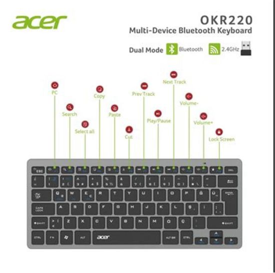Acer OKR220 Siyah MultiDevice Dual Mode 2.4GHZ Bluetooth Klavye (Smart Tv)(Android) resmi