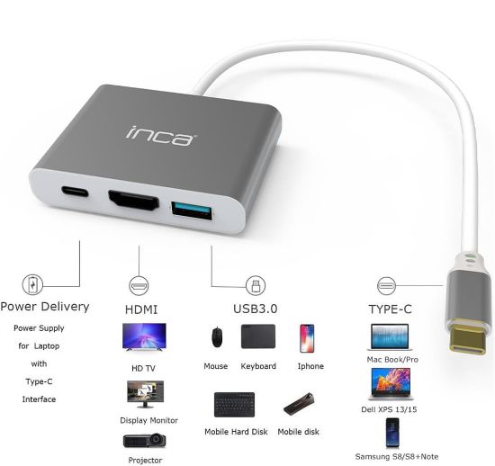 Inca ITPC-04TX Type-c Hub HDMI 4K@30hz USB3.0+PD100W Akım ve Voltaj Korumalı Alüminyum Çoklayıcı resmi