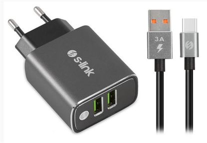 S-link SW-EHT36M 2 USB, 3.1A Metal Ev Sarj Cihazı ve Type-C Data + Sarj Kablosu resmi