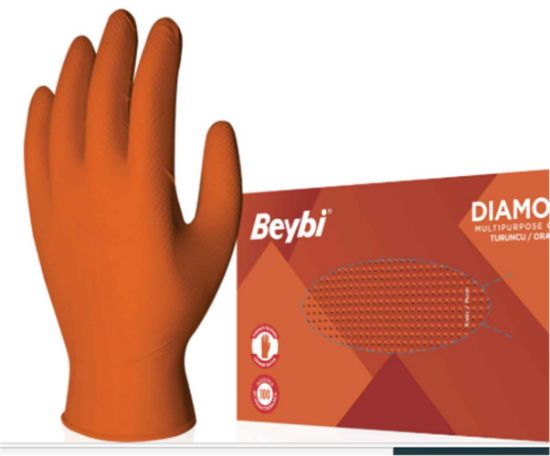 Beybi Diamond Pudrasız L Beden Kalın Turuncu Nitril Eldiven Large 100 Adet resmi