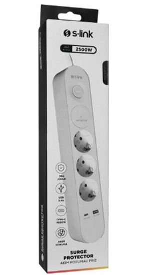 S-link SPG3-PD20  PD20W H05VV-F 3G1.0mm, 1.5m 3 lü 306 J Akım Korumalı Beyaz + Gri Priz resmi