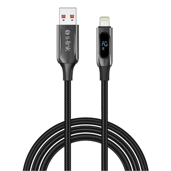S-link Armor LED UL-012 12W 1m USB to Lightning PD Örgülü LED Başlıklı Siyah Hızlı Şarj Kablosu resmi