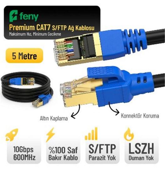 Feny FN-CAT7LS05 10GBPS İnternet 60MHZ 5 Metre CAT7 Gold Patch Kablo (Yanmaz-%100 Saf Bakır) resmi