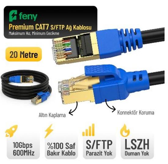 Feny FN-CAT7LS20 10GBPS İnternet 60MHZ 20 Metre CAT7 Gold Patch Kablo (Yanmaz-%100 Saf Bakır) resmi